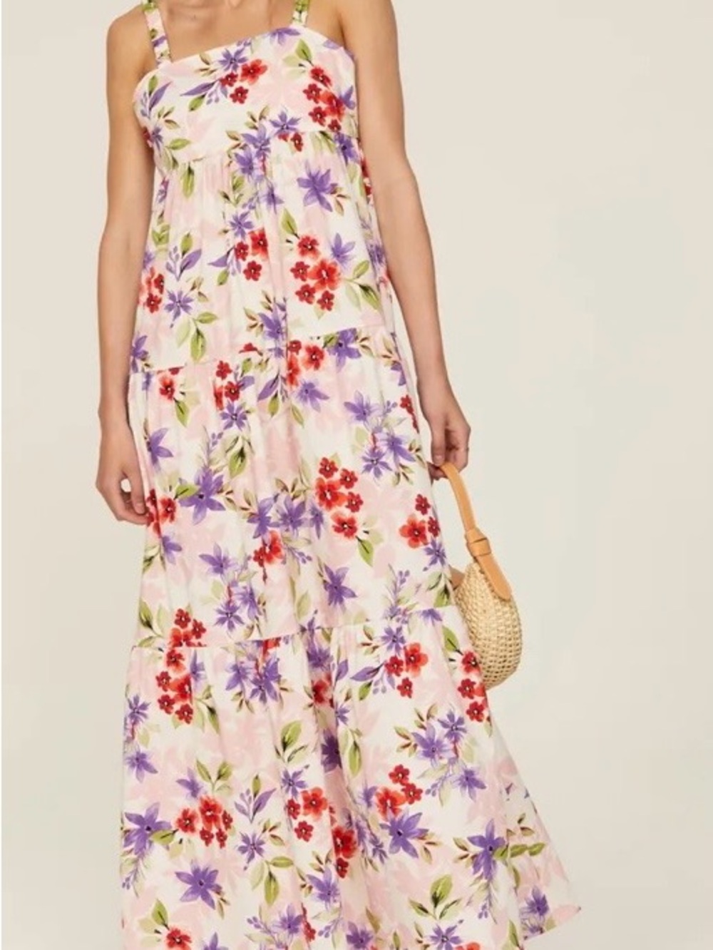 Louna Floral Tiered Maxi Dress with Red & Purple Blooms
